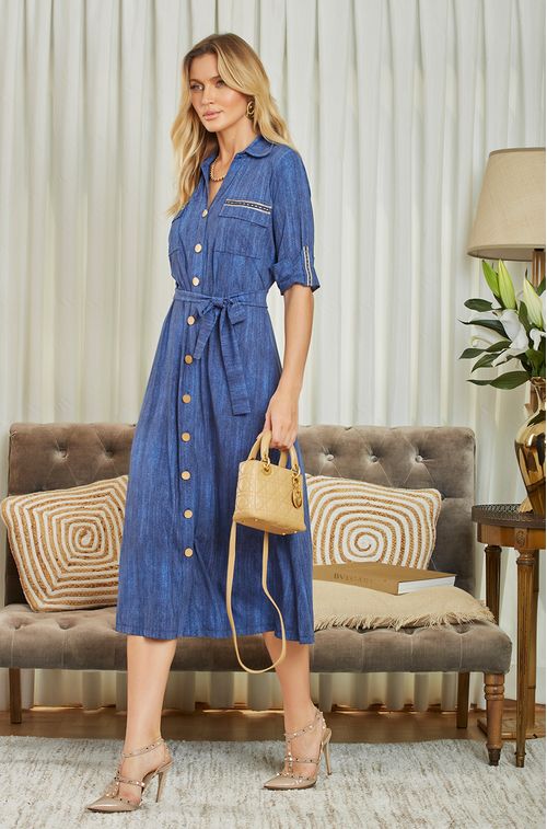 Vestido Fluity Jeans Bordado Camel