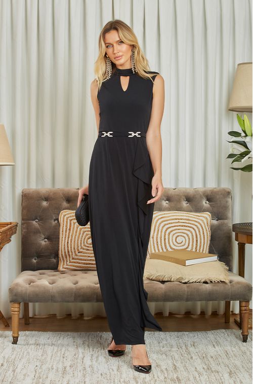 Vestido Crepe Black Cinto Cristal