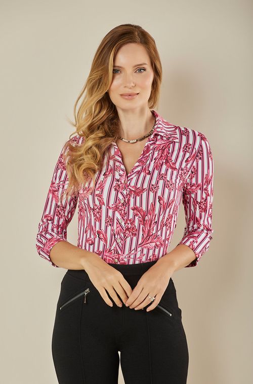 Camisa Listras e Flowers Cerise