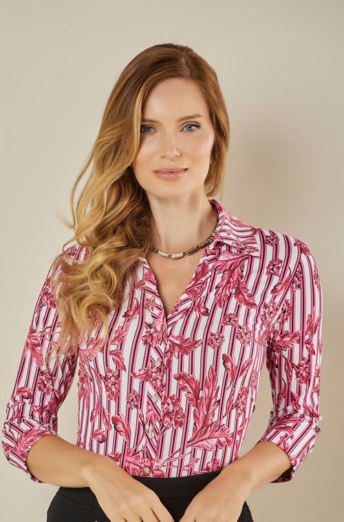 Camisa Listras e Flowers Cerise