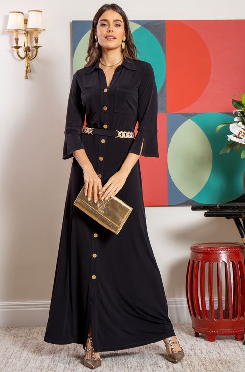 Vestido Chemise Crepe Black com Marfim