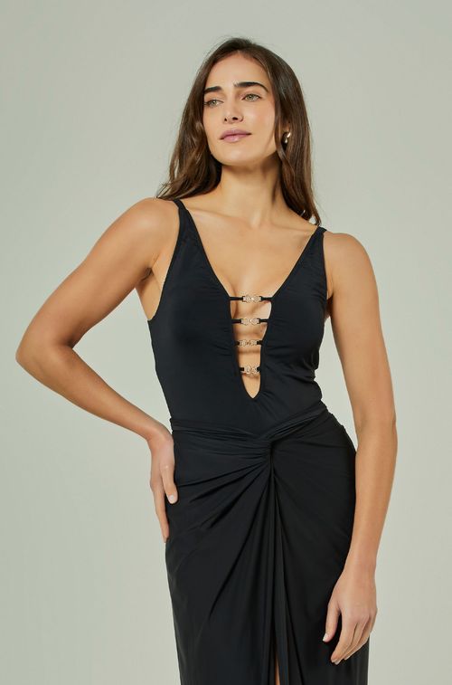 Maiô Black Aplique Gold Cristal