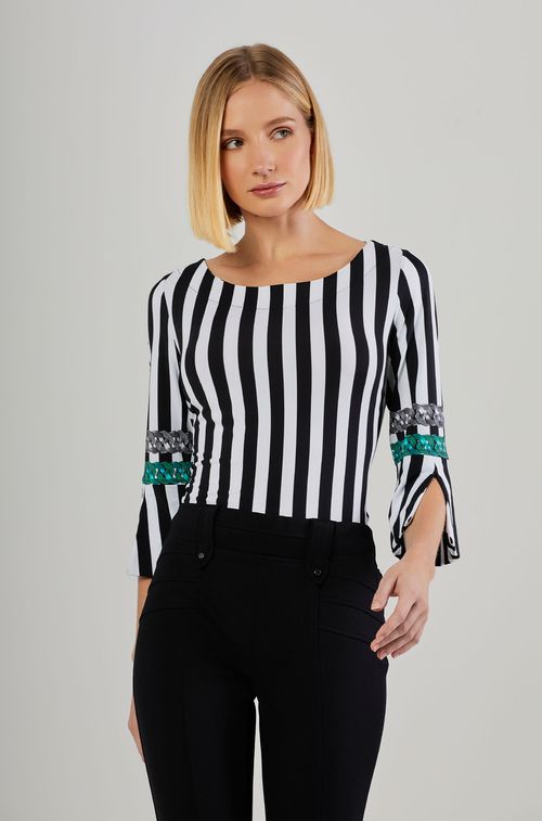 Blusa Listras Black e White Manga Sino