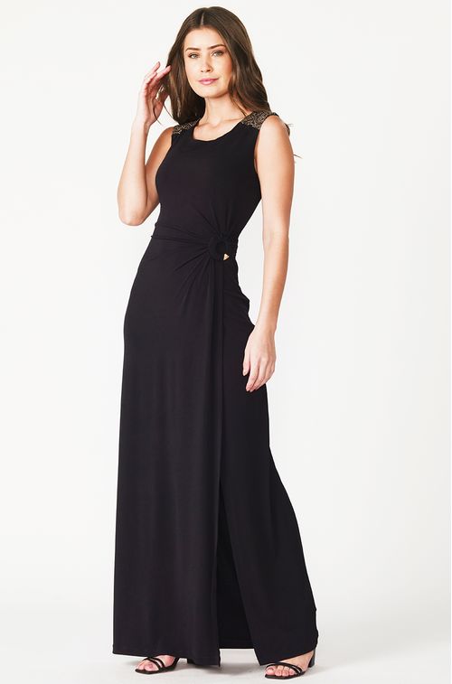 Vestido Black Longo Aplique Gold