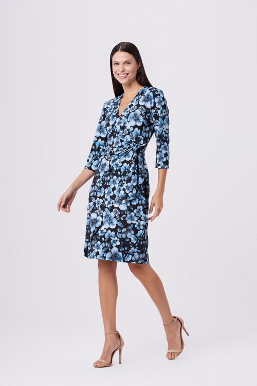 Vestido Wrap Black Flowers Blue