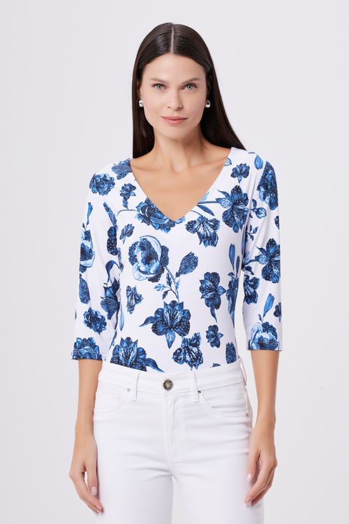 Blusa White Flowers Blue Paete