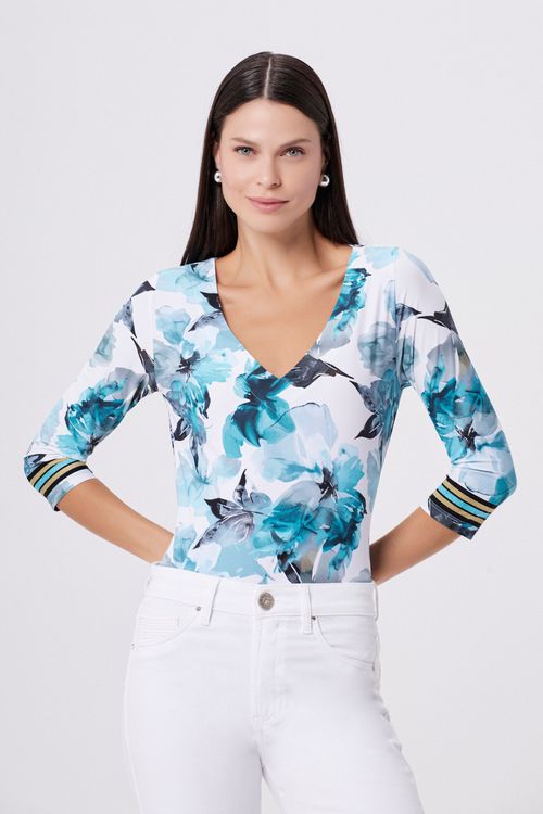 Blusa Basic Flowers Acqua