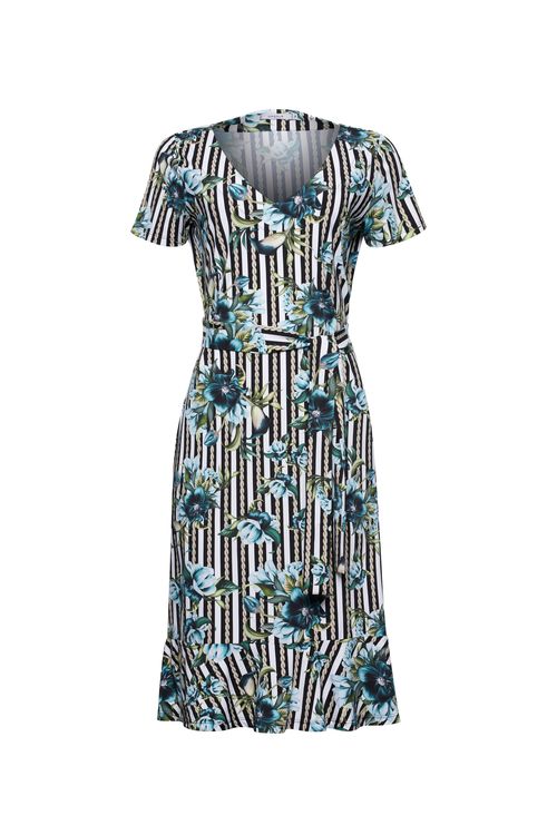 Vestido Listras e Flowers Blue