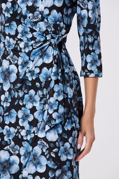 Vestido Wrap Black Flowers Blue