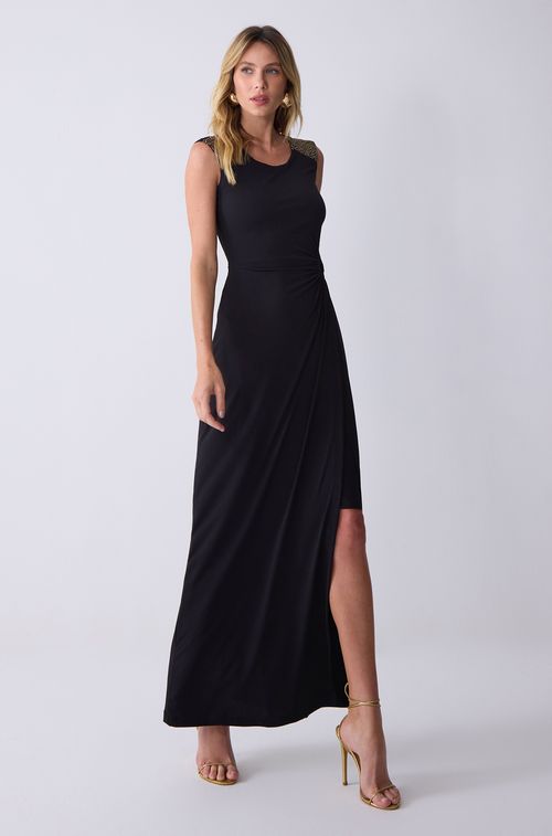Vestido Black Longo Aplique Gold