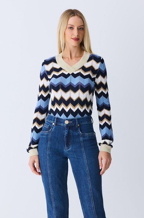 Blusa Tricot Blue e Gold e White