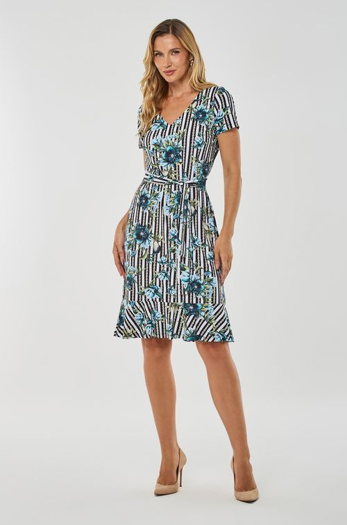 Vestido Listras e Flowers Blue