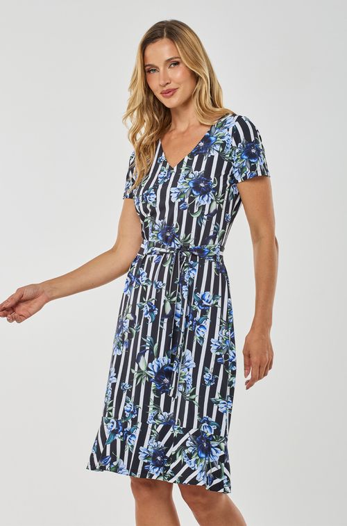 Vestido Listras e Flowers Carbone