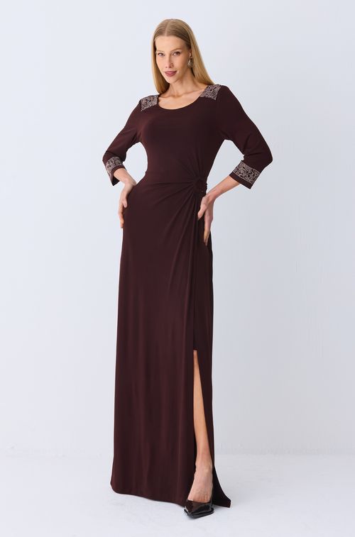 Vestido Crepe Brown com Gold