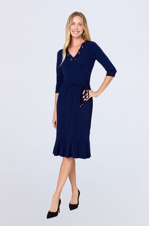Vestido Crepe Navy com Ilhós